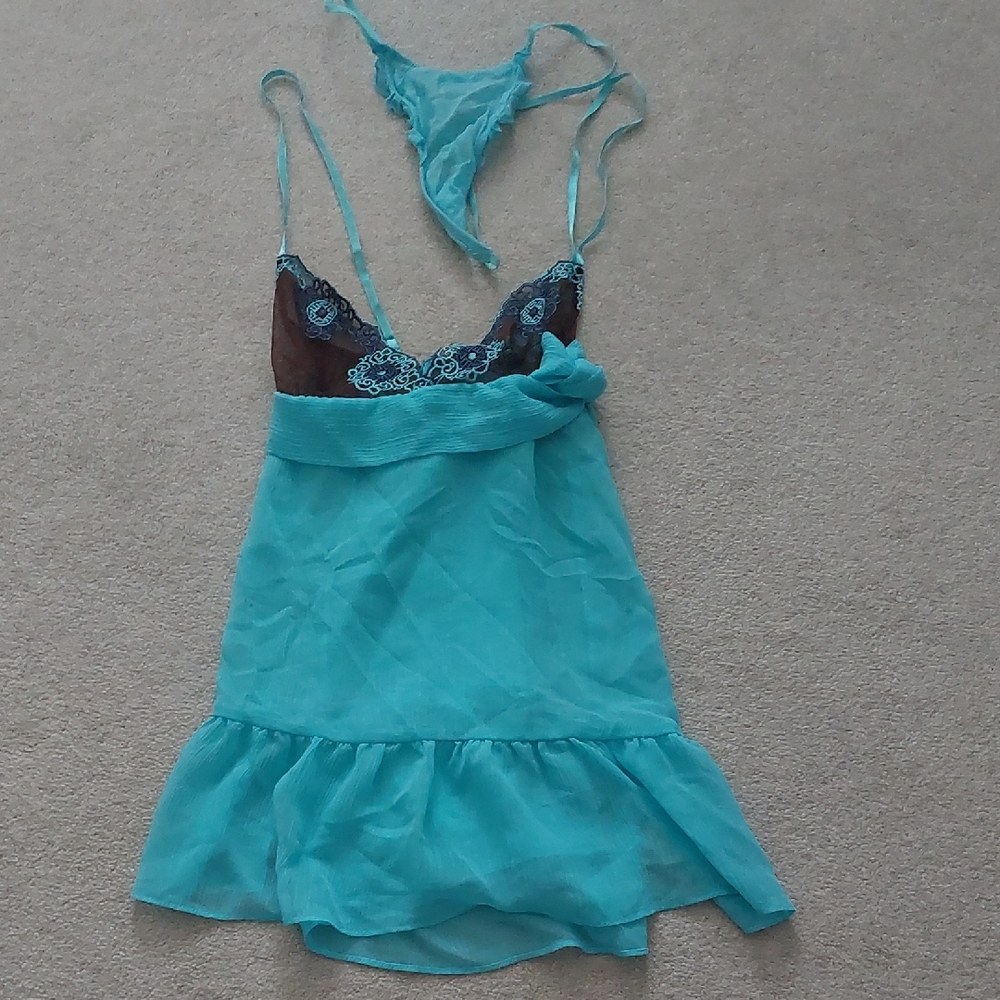Victoria's Secret Turquoise and Brown vintage lingerie Chemise Set